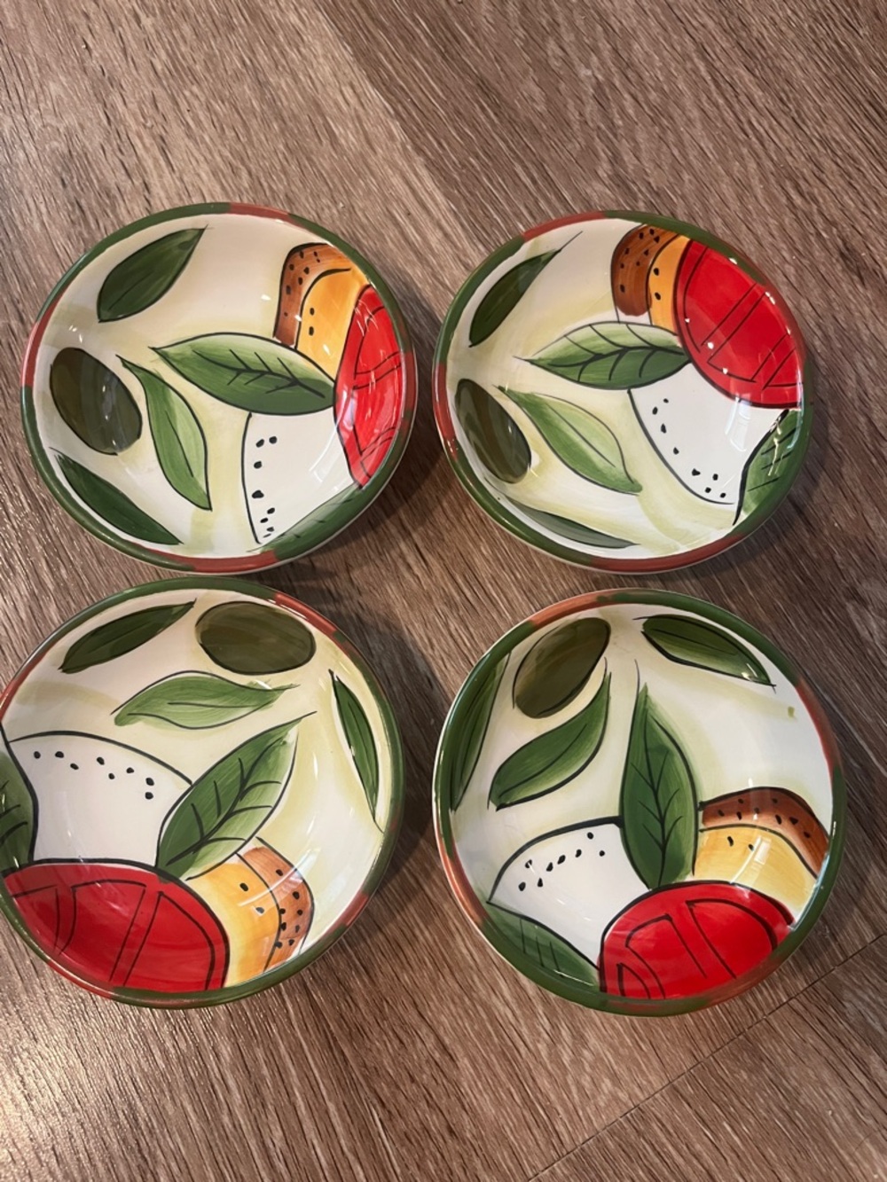 Pampered Chef Hand-Painted Citrus Leaf Ceramic Dipping Bowls - Set of 4